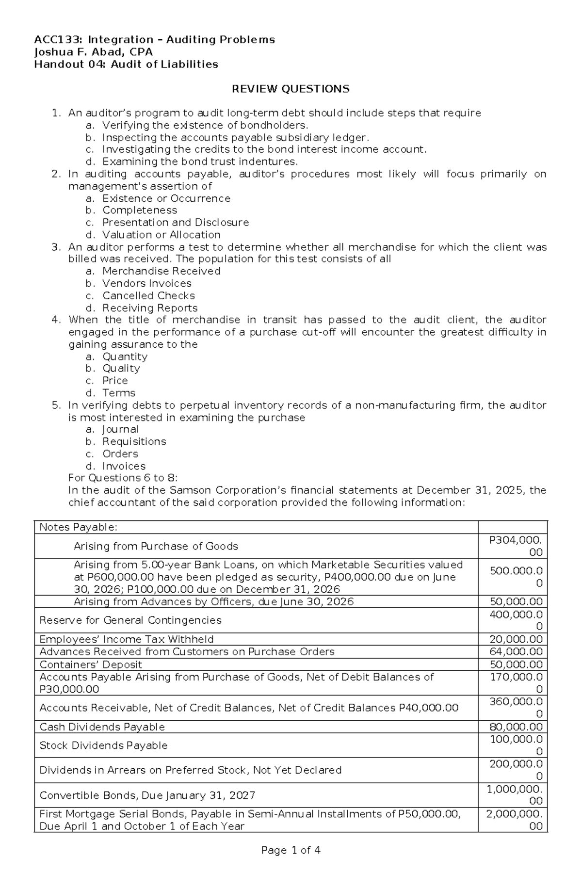 Liabilities Audit Review Questions and Case Studies - Handout 04 - Studocu