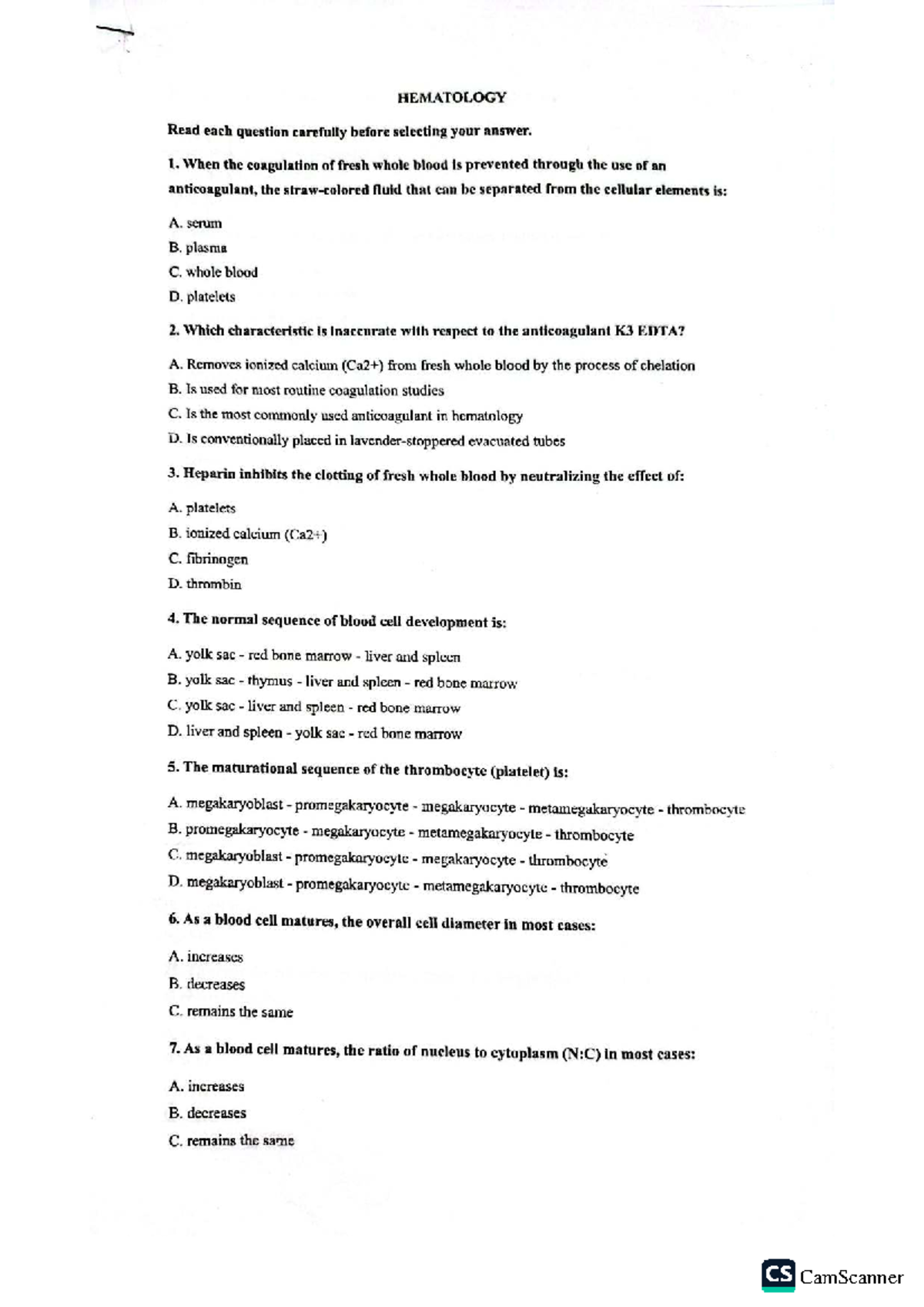 Hematology CS - Review Questions for Exam Preparation - Studocu