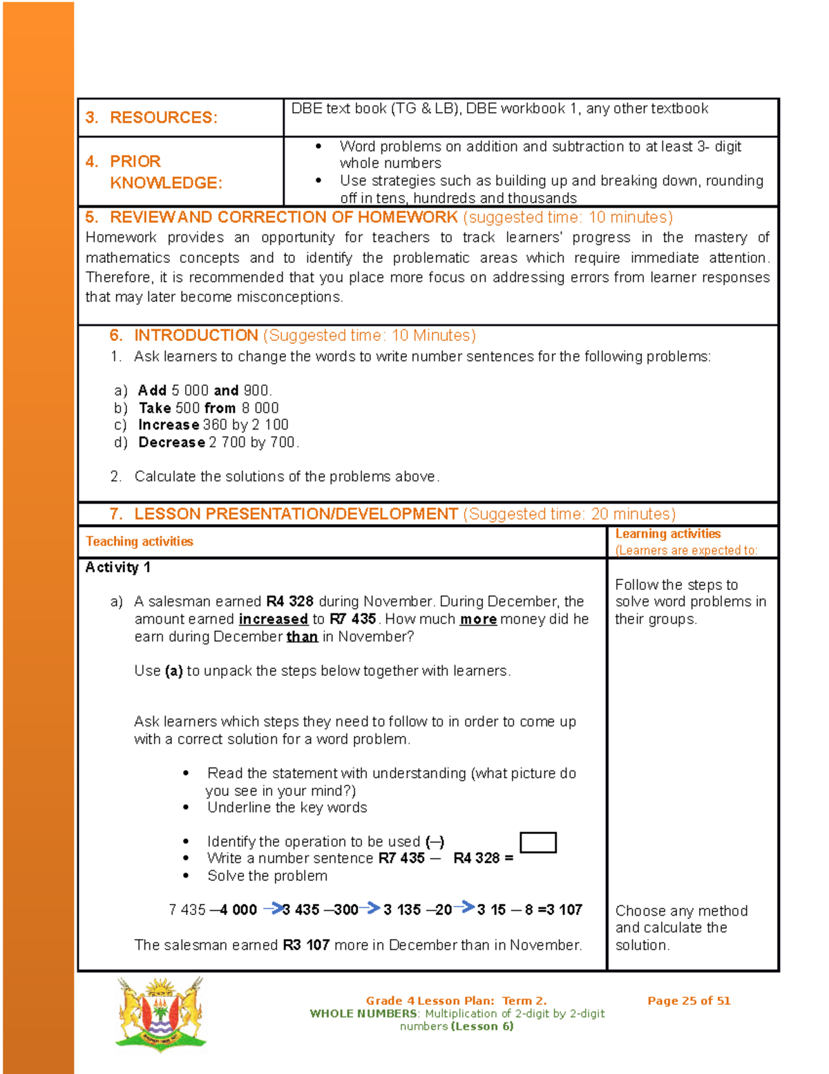 Grade 4 Maths Lesson Plans: Whole Numbers & Word Problems - Studocu