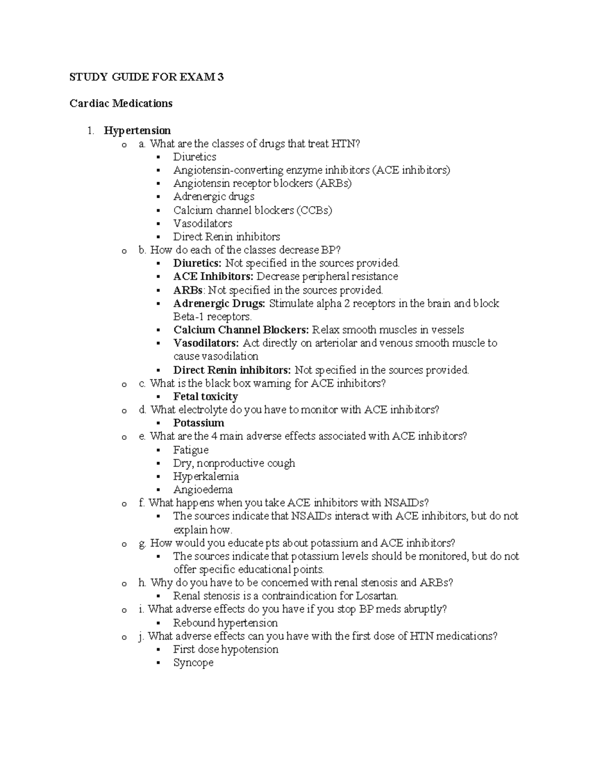Study Guide for Exam 3: Cardiac Medications and Pharmacology - Studocu