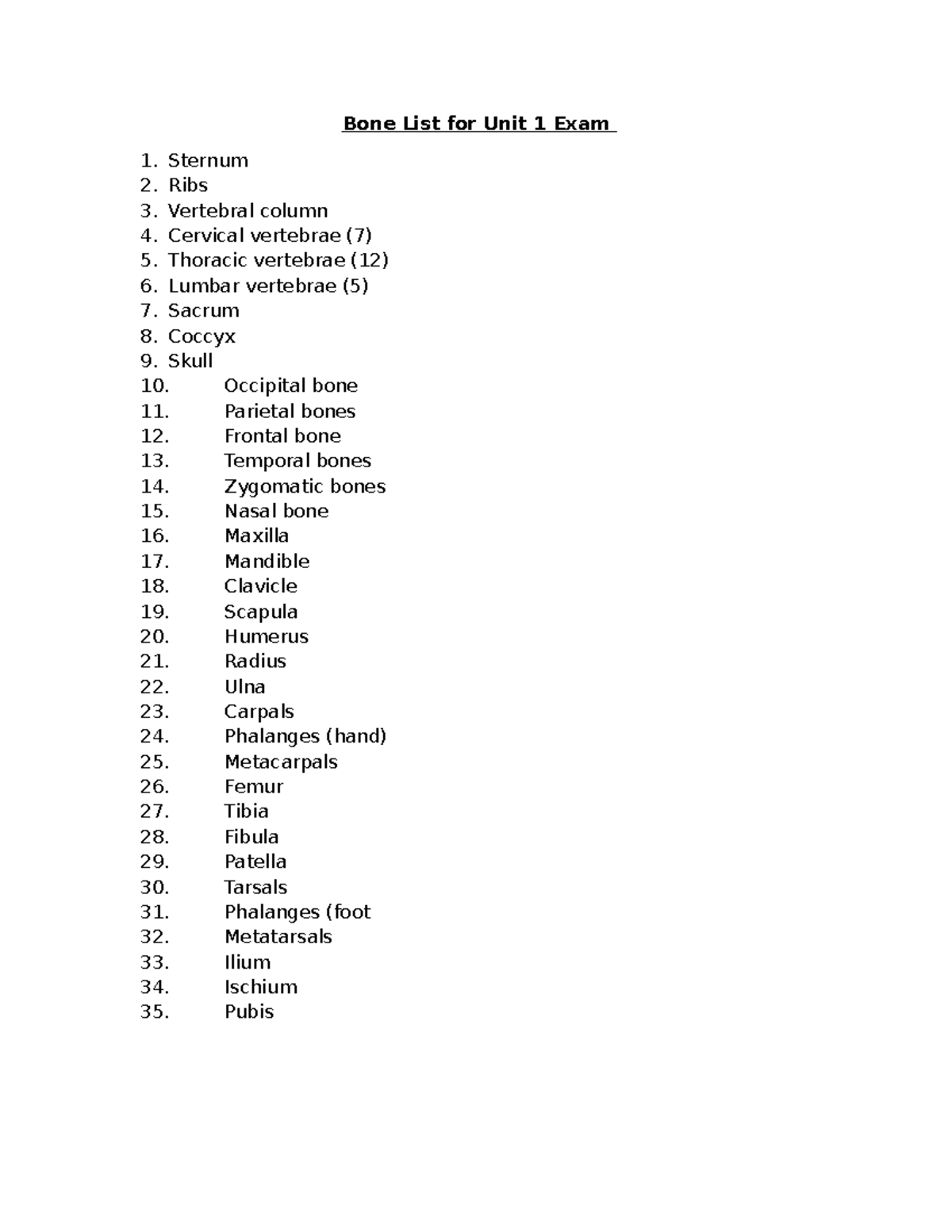 Bone List for Unit 1 Exam - Anatomy and Physiology 101 - Bone List for ...