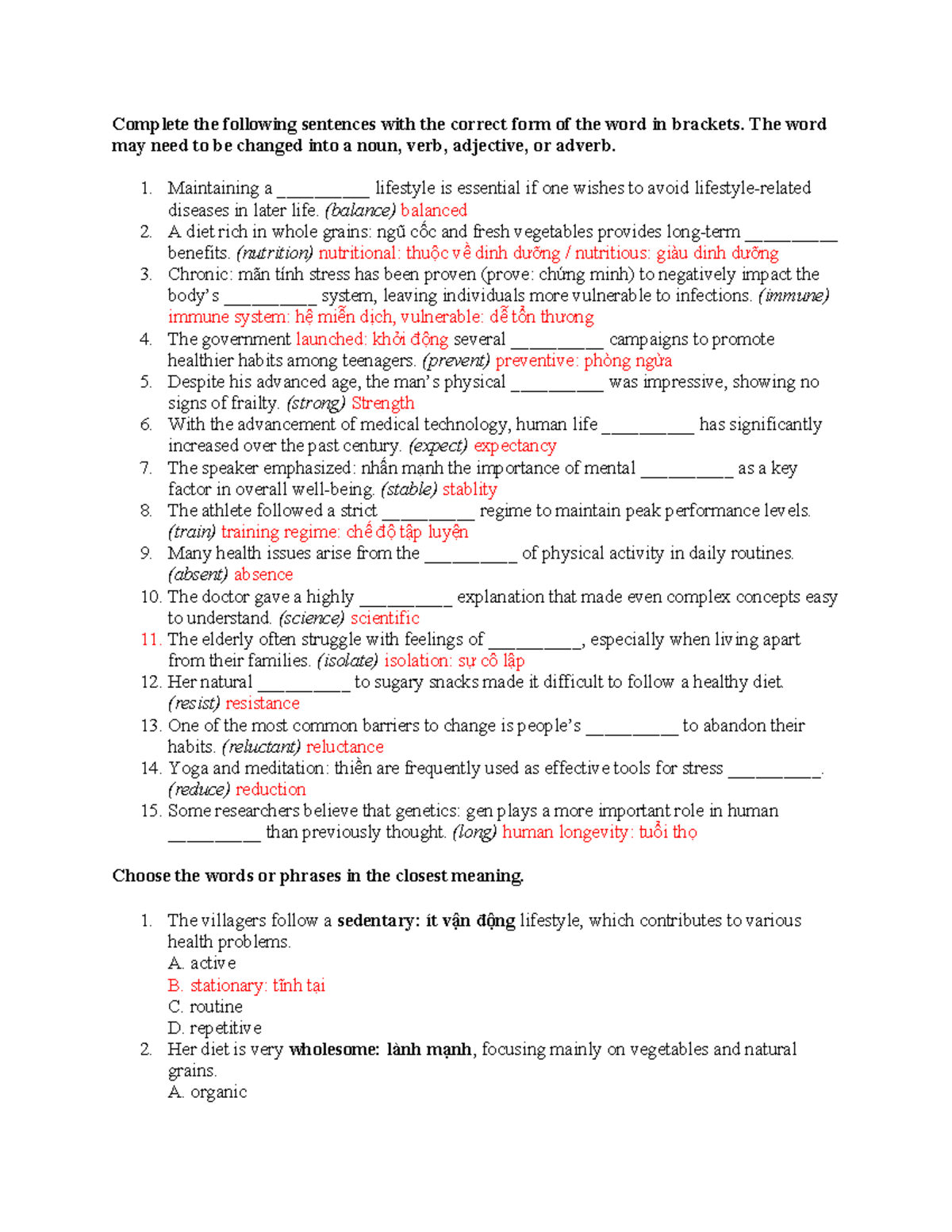 UNIT Vocab - Sentence Completion and Meaning Exercises - Studocu