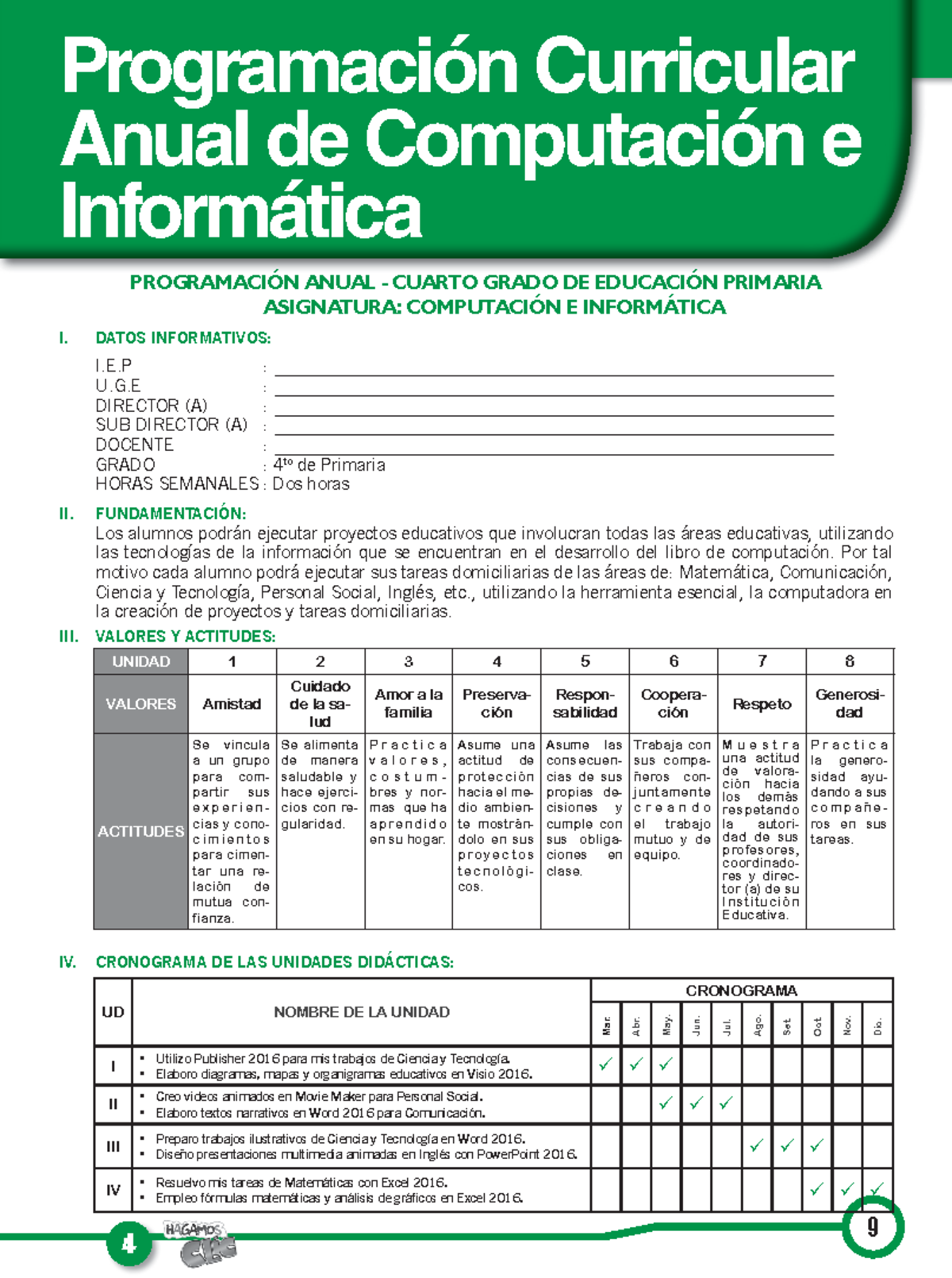 Programa Anual de Computación e Informática - 4to Grado Primaria - Document Preview