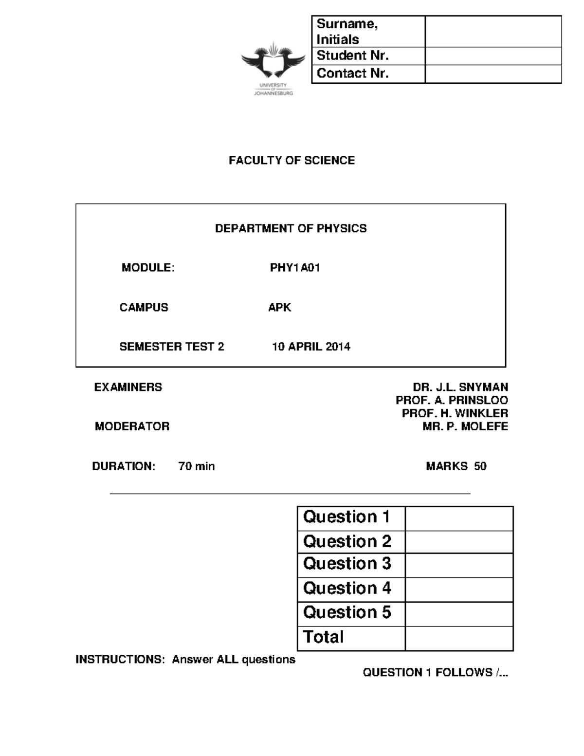 PHY1A01 ST2 2014 - Physics 1A Semester Test 2 Memo and Key Answers ...