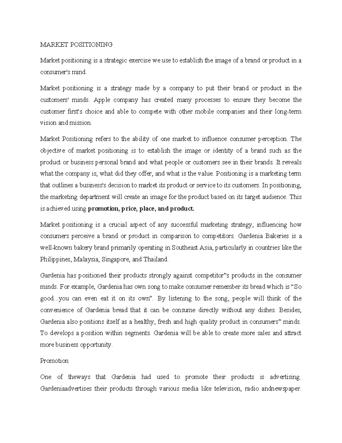 MKT 101: Draft Assignment on Market Positioning Strategies - Studocu