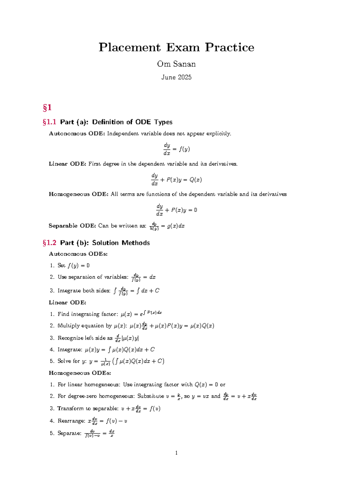 Placement Exam Practice: ODE Types & Solution Methods - Studocu