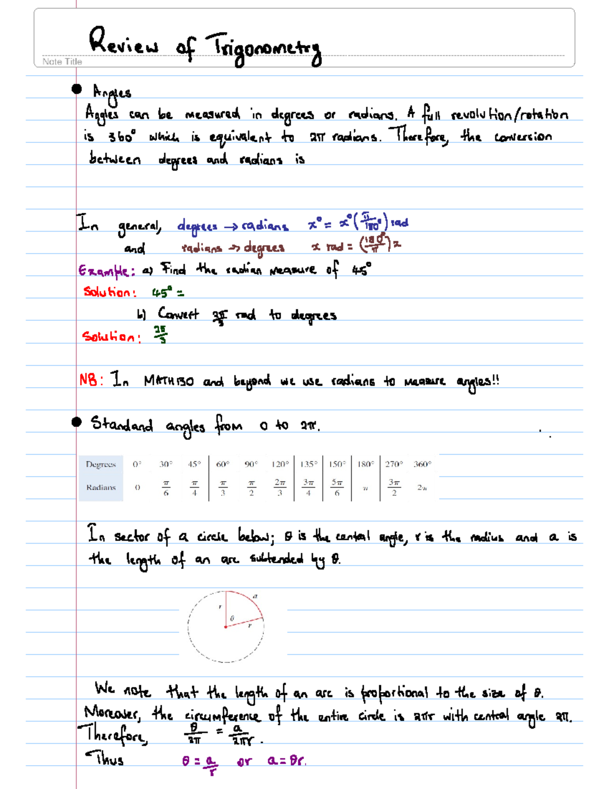 MATH 101: Final Exam Review of Trigonometry Angles and Functions - Studocu
