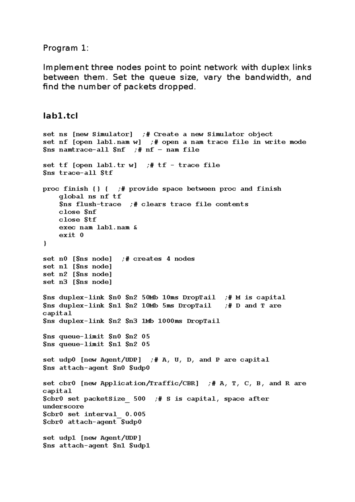 Program 1: Node Network Simulation with Bandwidth Variation and Packet ...