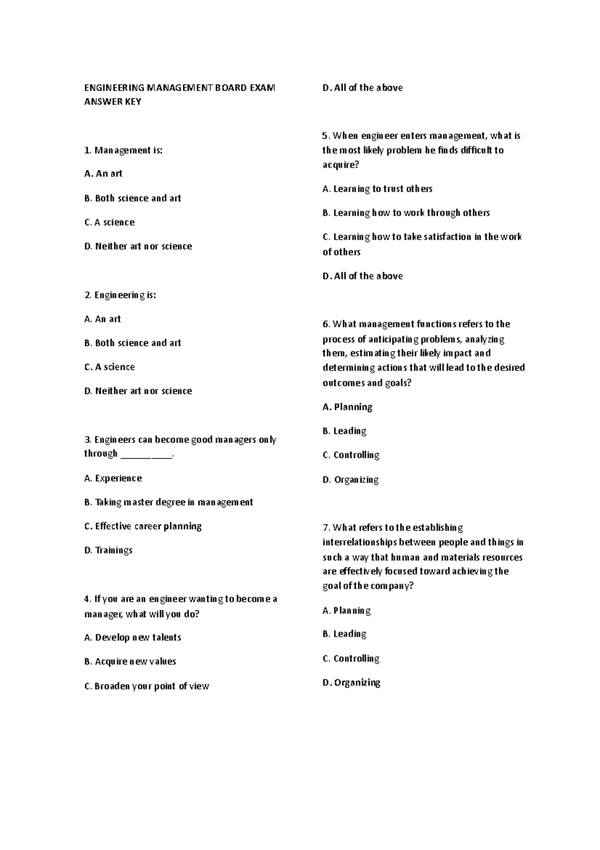 Engineering Management Board Exam Answer Key: MCQs and Solutions - Studocu