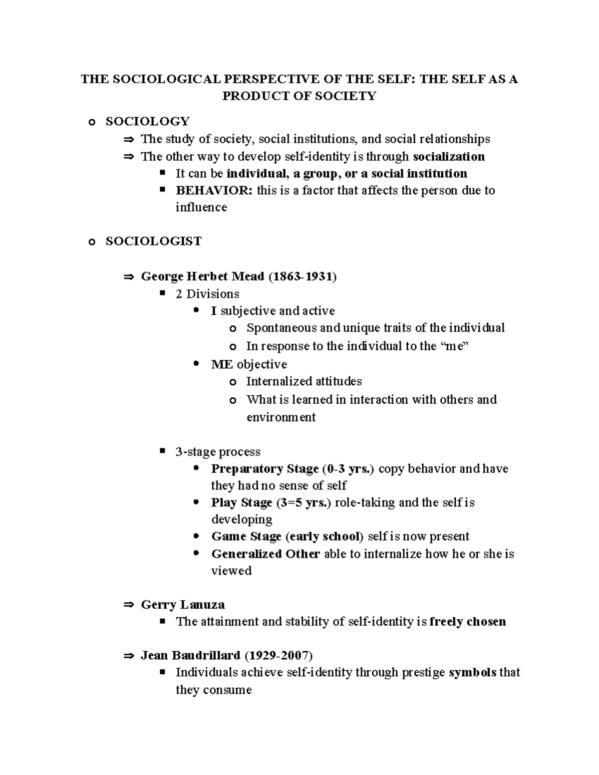 PSYC- Notes - THE SOCIOLOGICAL PERSPECTIVE OF THE SELF: THE SELF AS A ...