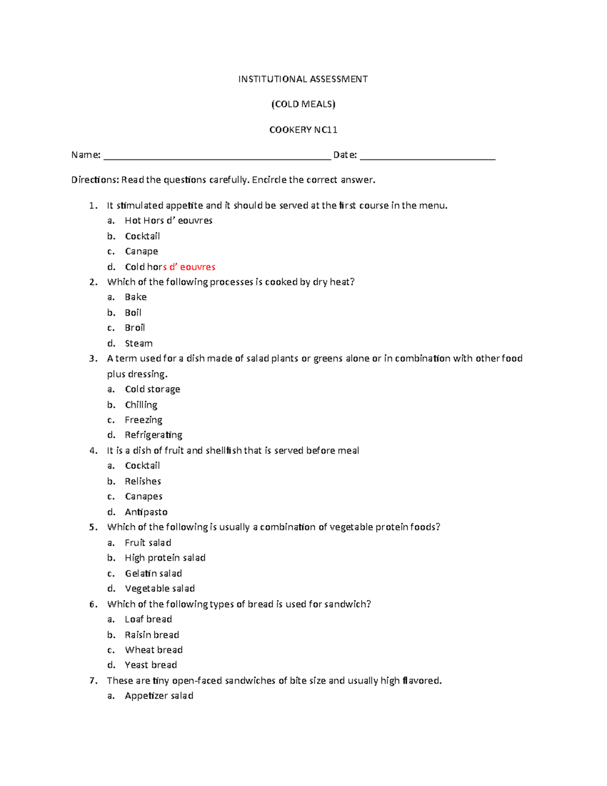 Cookery NC11 Institutional Assessment: Cold Meals Quiz - Studocu