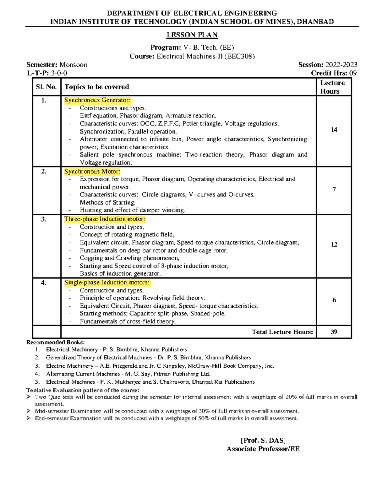 Lesson Plan For Electrical Machines Ii Eec308 Lecture Guide Studocu