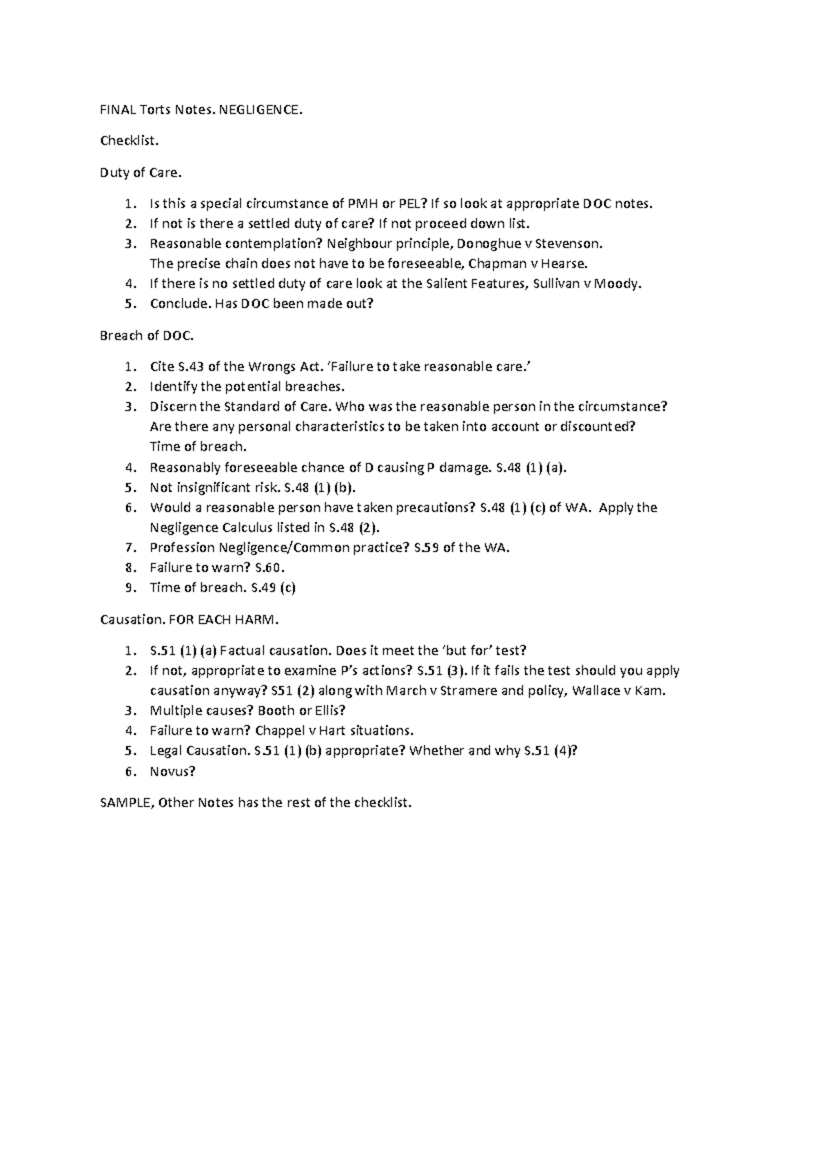 FINAL Torts Notes: Negligence Duty of Care Checklist (5819) - Studocu