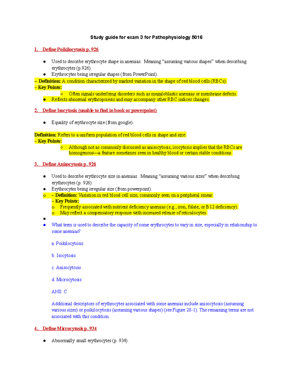 Study guide for exam 3 for Pathophysiology 5017 - Study guide for exam ...