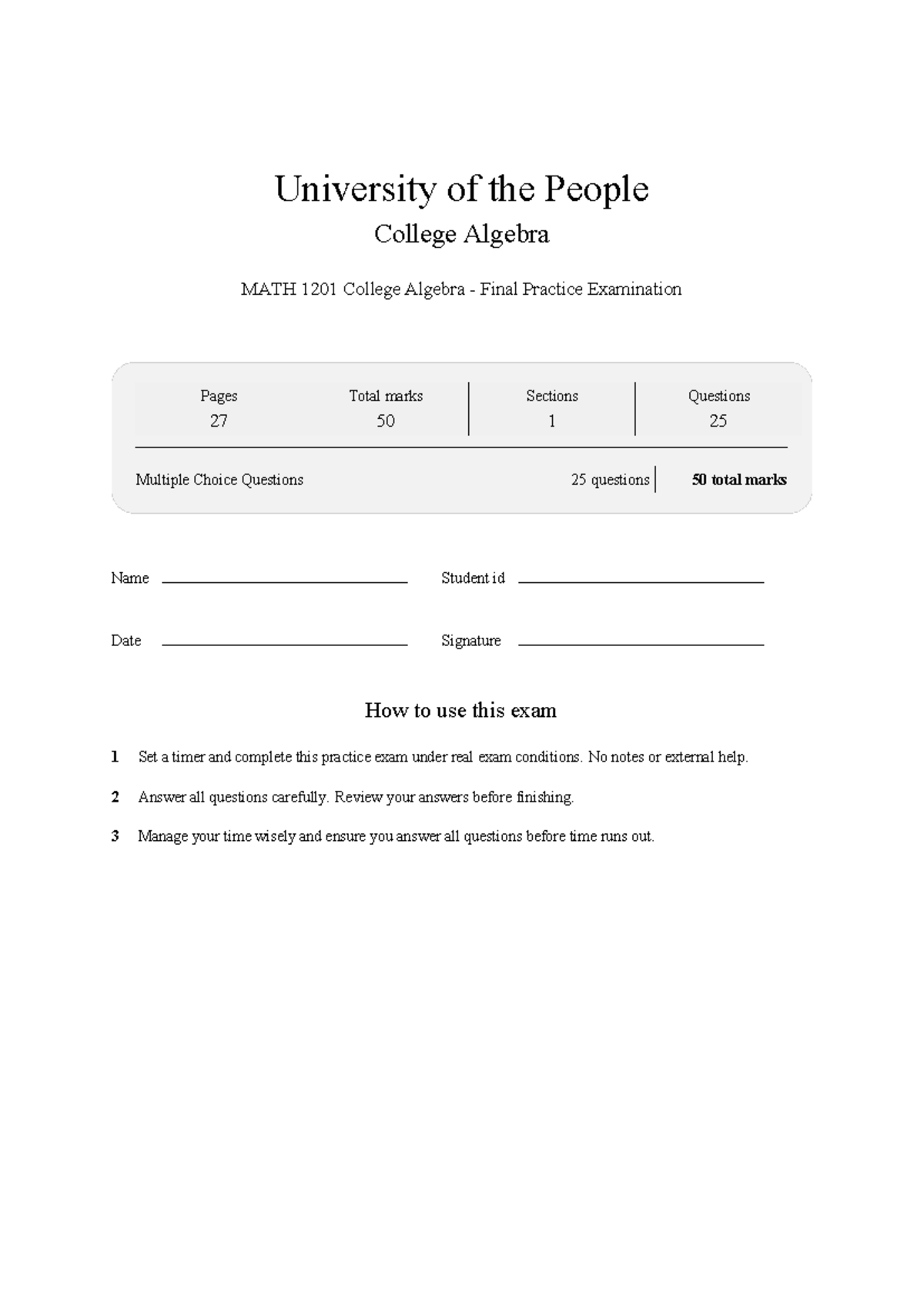 MATH 1201 College Algebra Final Practice Exam 2026 - Studocu