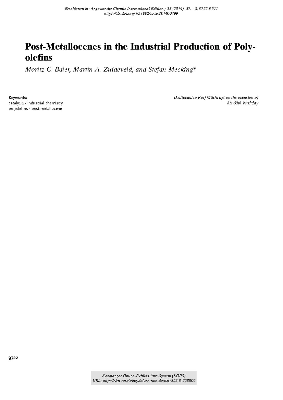 Post-Metallocenes in Industrial Polyolefin Production: A Review - Studocu