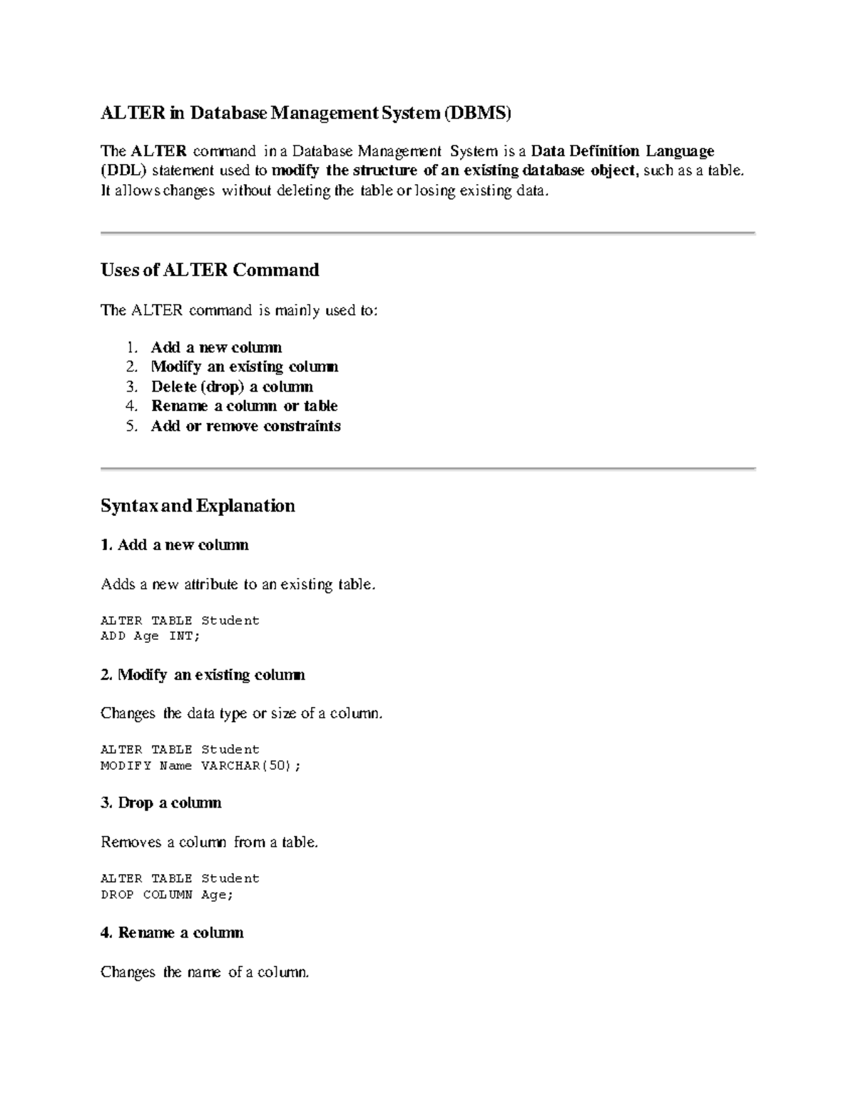 DBMS 101: Understanding the ALTER Command in Database Management - Studocu