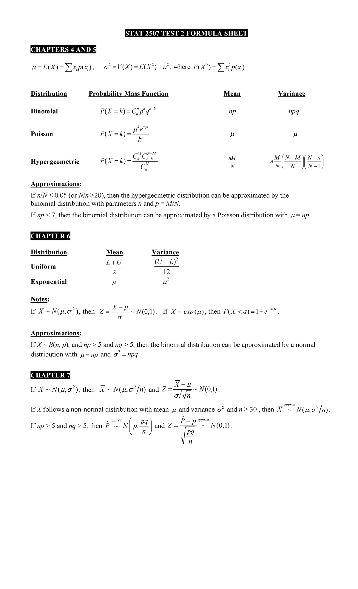 STAT 2507 TEST 2 FORMULA SHEET: CHAPTERS 4-7 OVERVIEW - Studocu