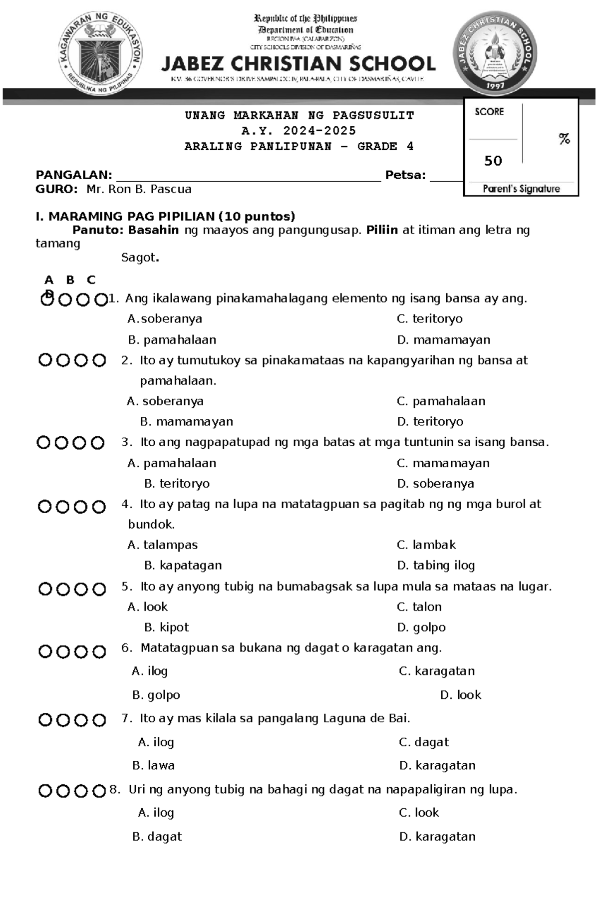 A.P. 4 1st Quarter Exam - Araling Panlipunan Modified Test - Studocu