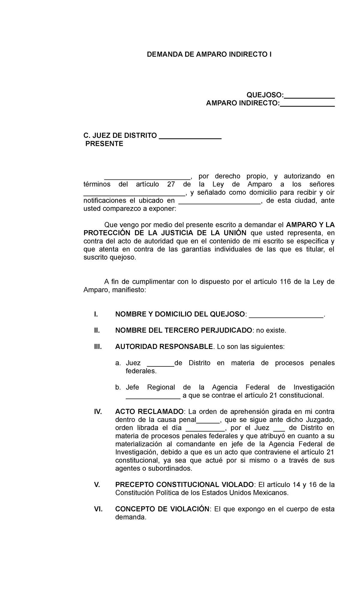 Demanda de Amparo Indirecto I: Protección Contra Orden de Aprehensión ...