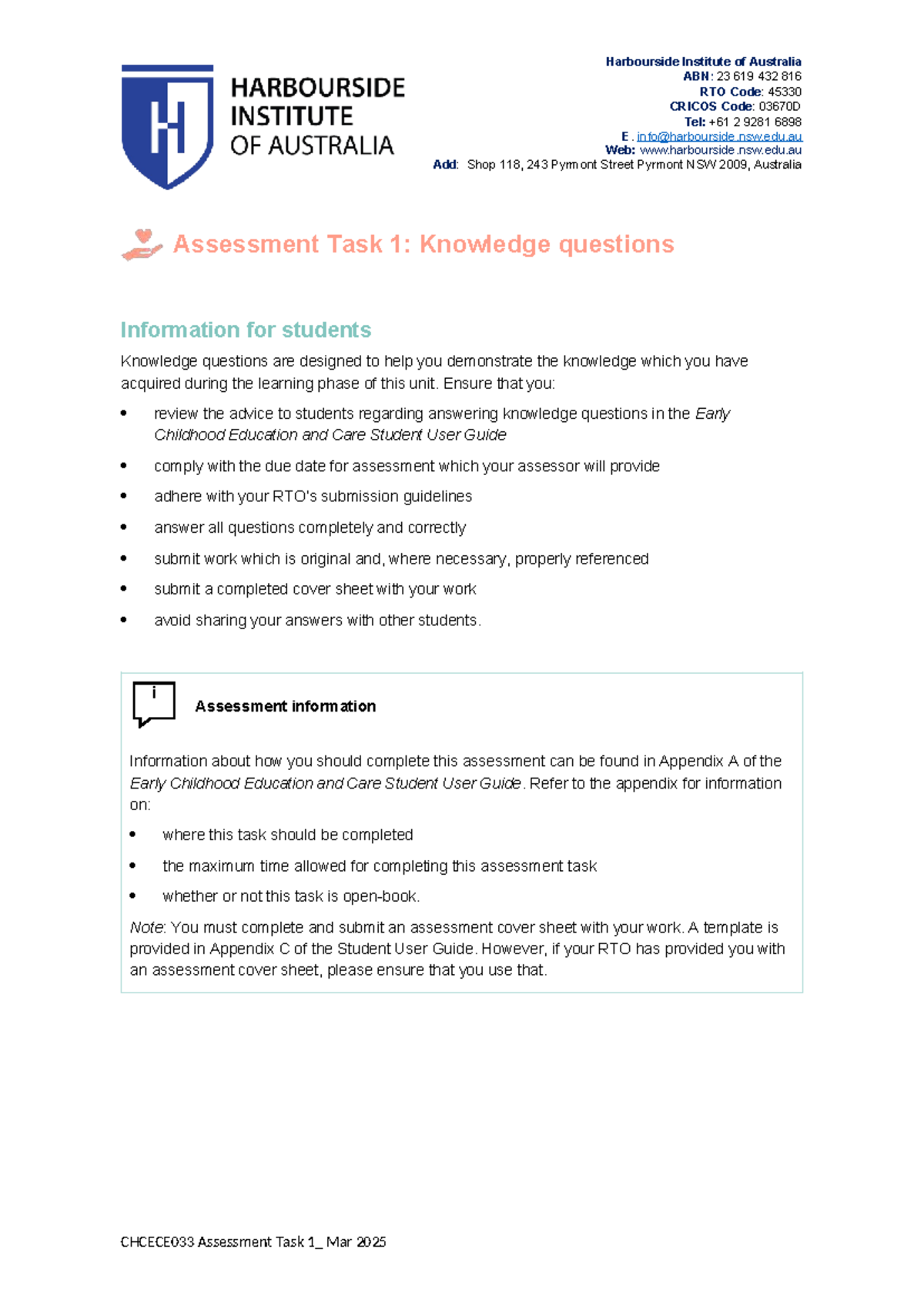 CHCECE033 Assessment Task 1: Knowledge Questions Guide - Studocu