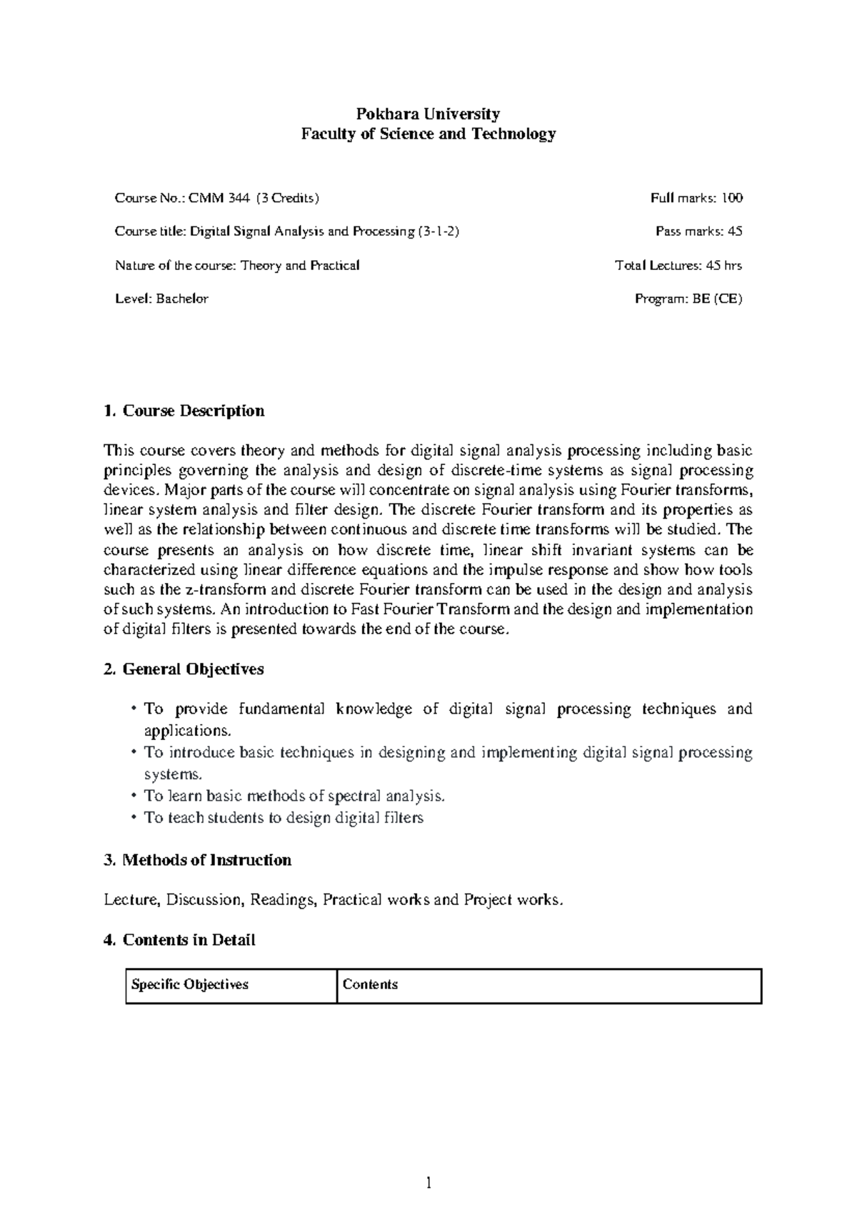 CMM 344: Digital Signal Analysis & Processing Micro Syllabus - Studocu