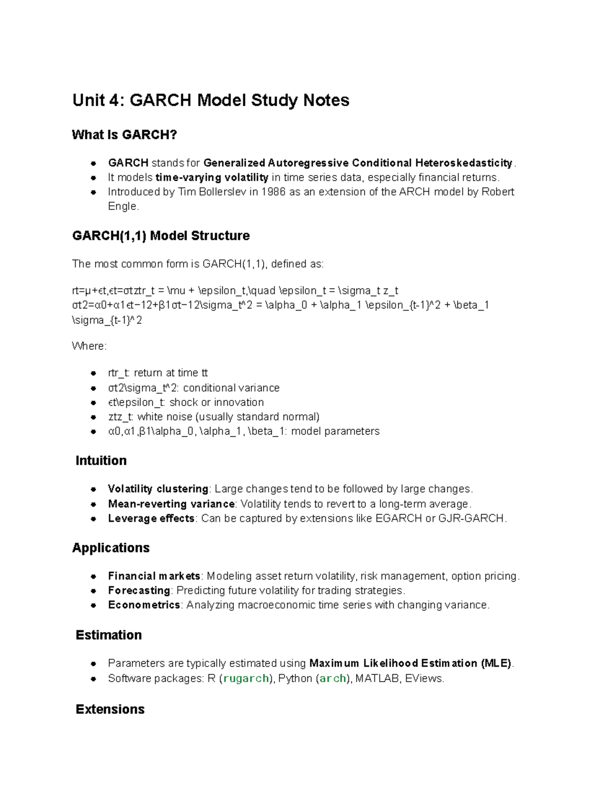 Unit 4: GARCH Model Study Notes and Applications - Studocu