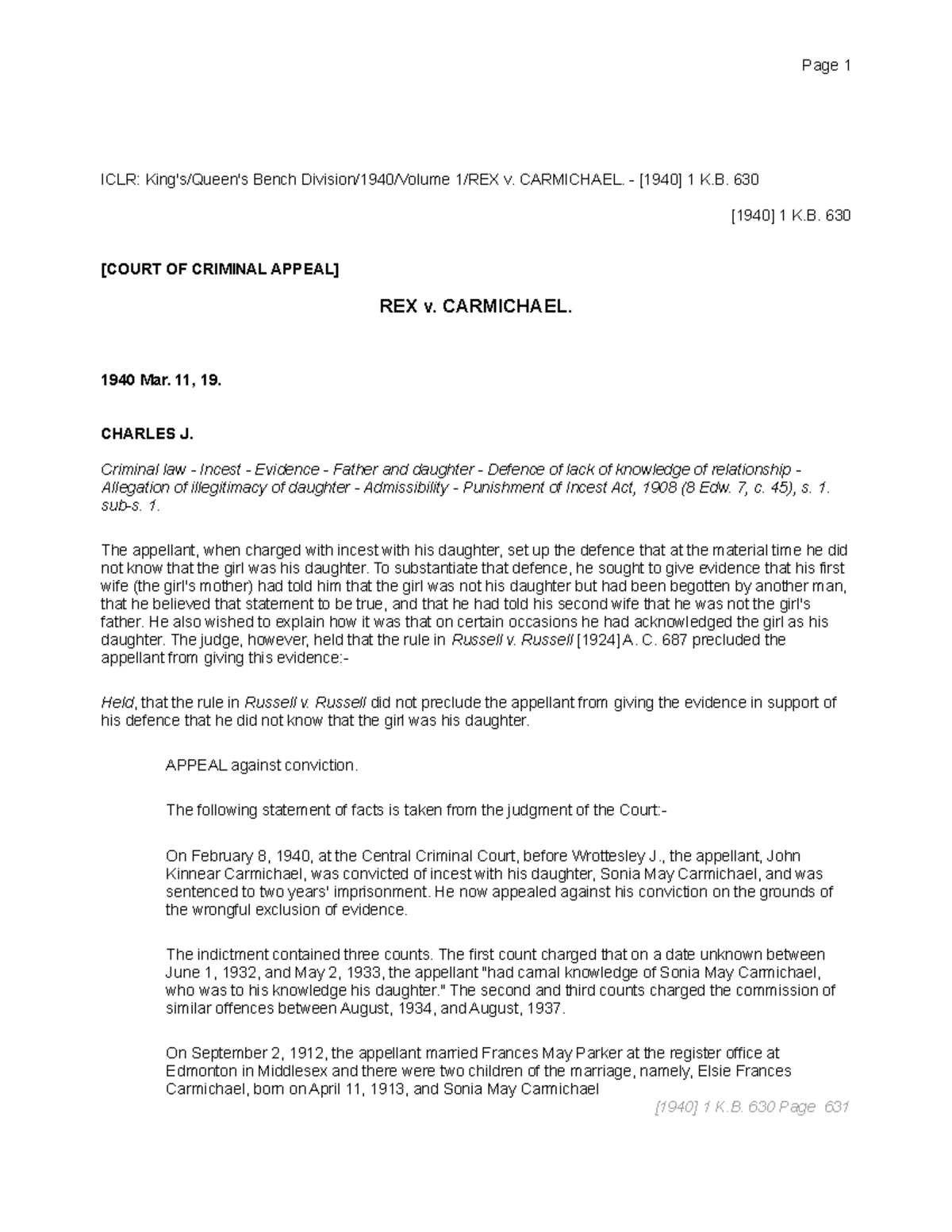 R v. Carmichael: [1940] 1 K.B. 630 - Criminal Appeal on Incest Evidence ...