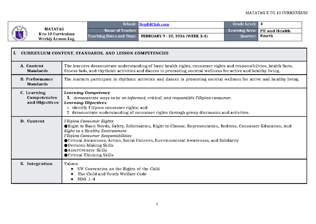 DTC DLL Matatag PE & Health 4 Q4 Weekly Lesson Log (W3-4) - Studocu