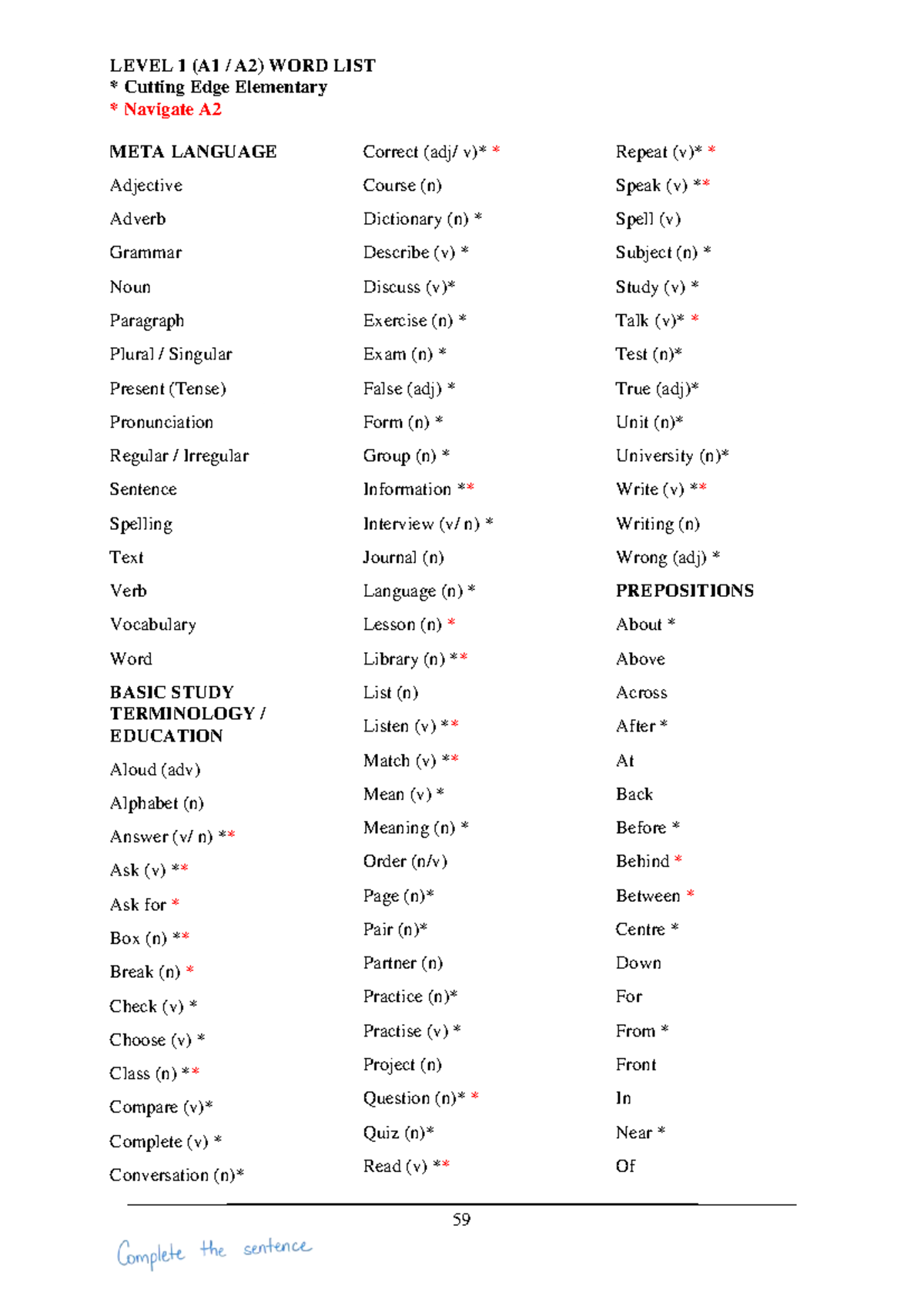 LEVEL 1 (A1 A2) Vocabulary Word List - Cutting Edge Elementary - Studocu