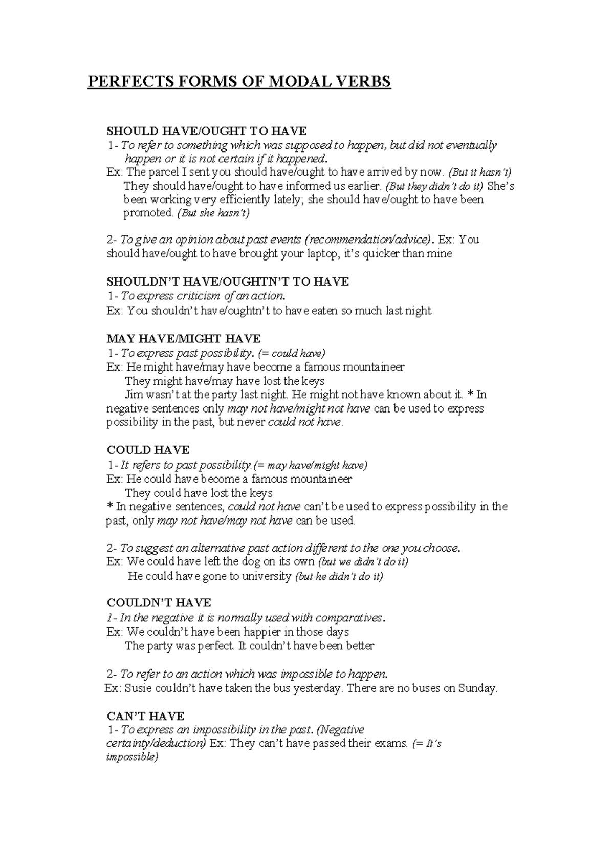 Modal Verbs: Understanding Perfect Forms and Their Usage - Studocu