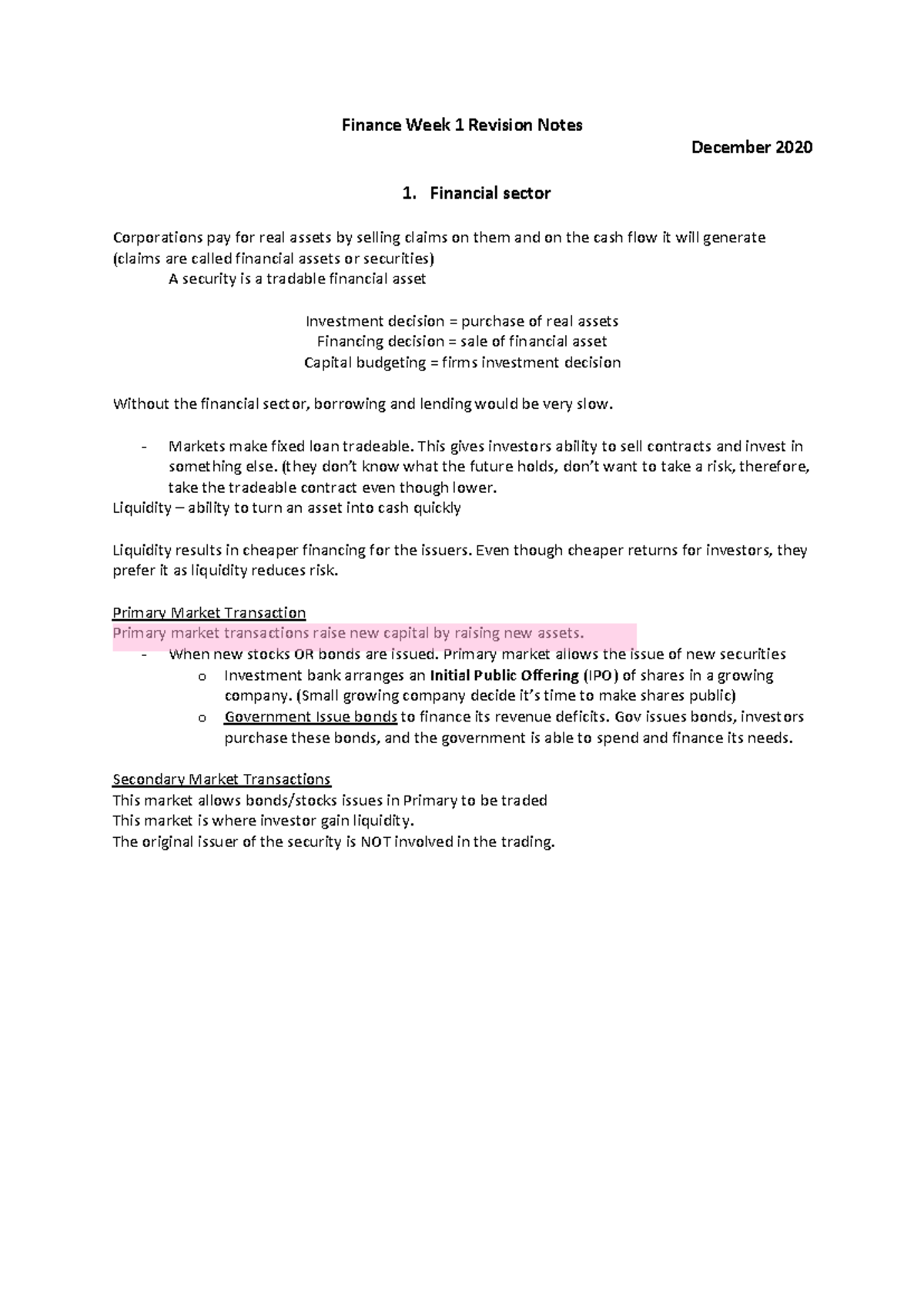 Finance week 1 Revision Notes - Finance Week 1 Revision Notes December ...
