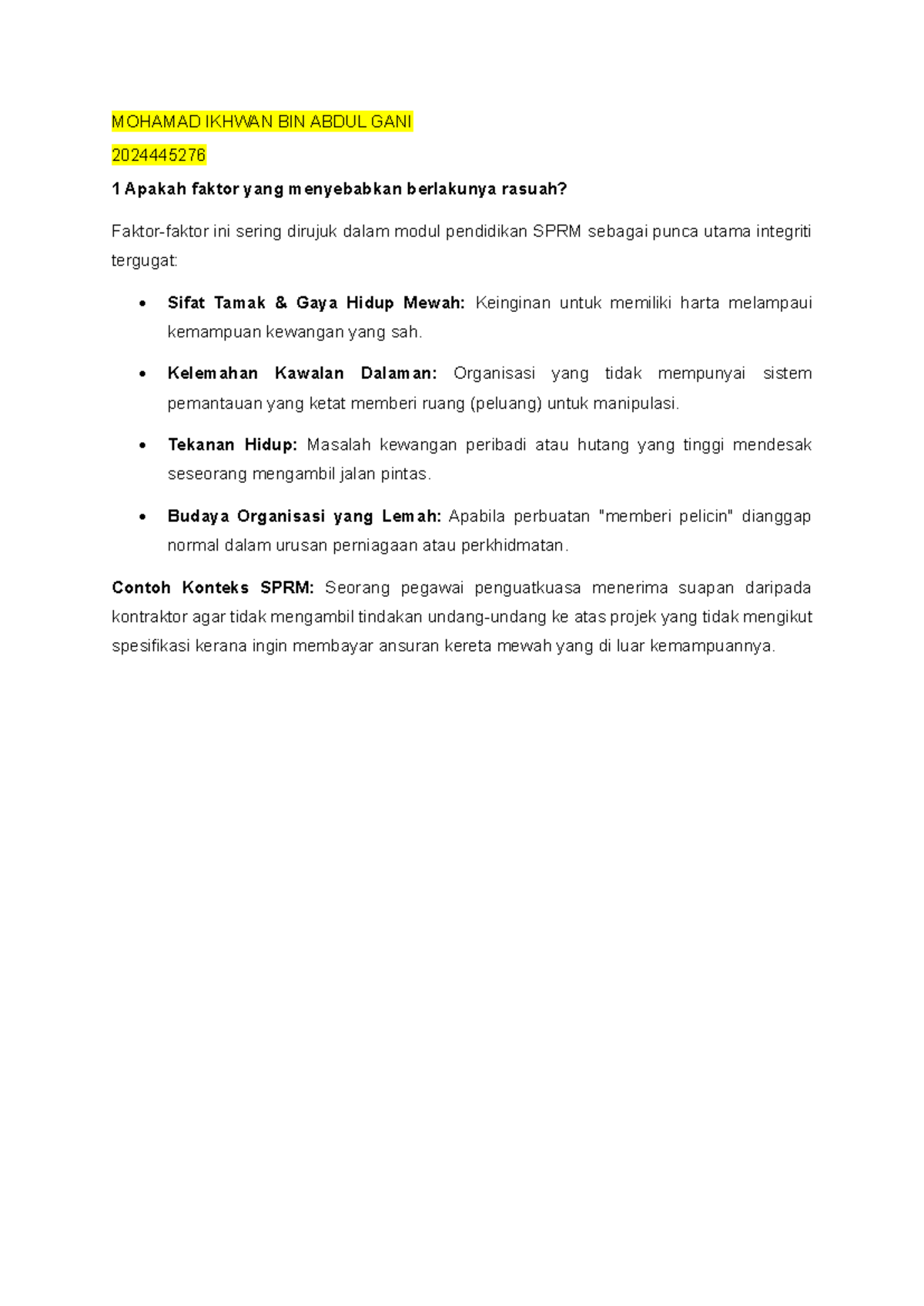 Latihan HGD: Faktor, Kesan, dan Simptom Rasuah dalam SPRM - Studocu