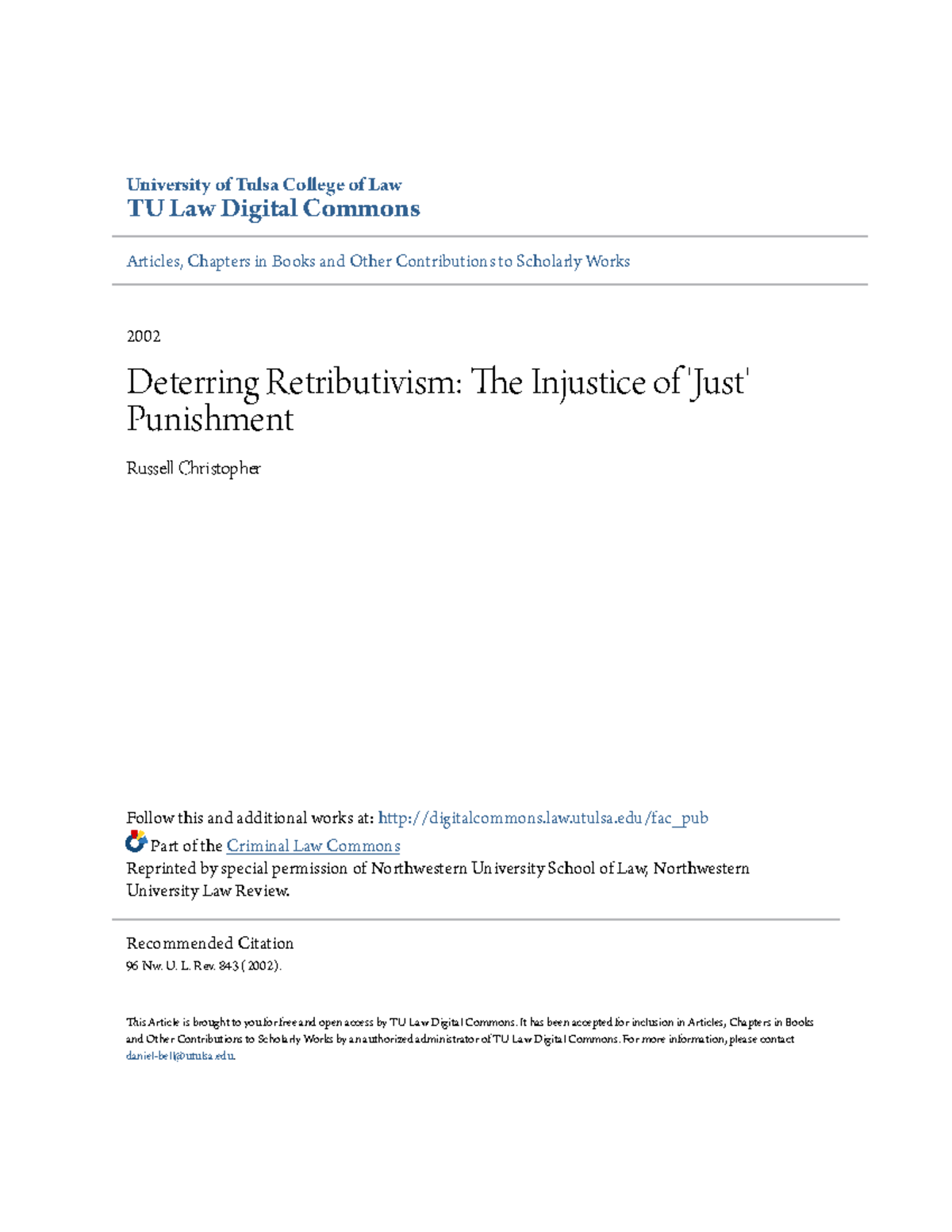 TU Law Article: Examining the Injustice of 'Just' Punishment - Studocu