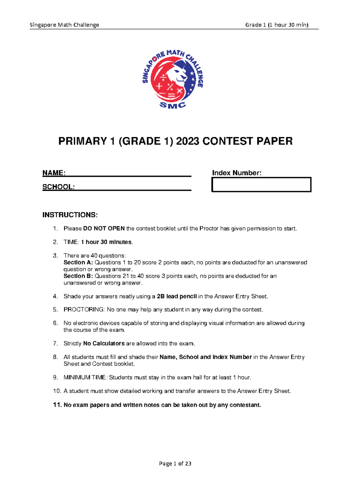 2023 Singapore Math Challenge Grade 1 Contest Paper (1.5 Hours) - Studocu