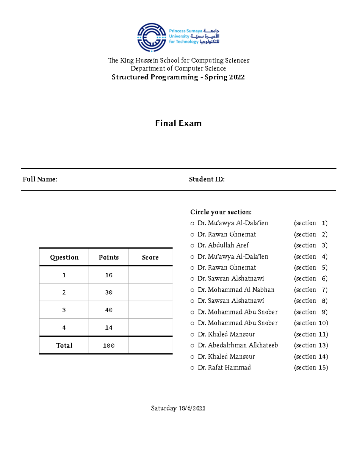 Cs1 Final Exam Solutions - Spring 2022 - Studocu