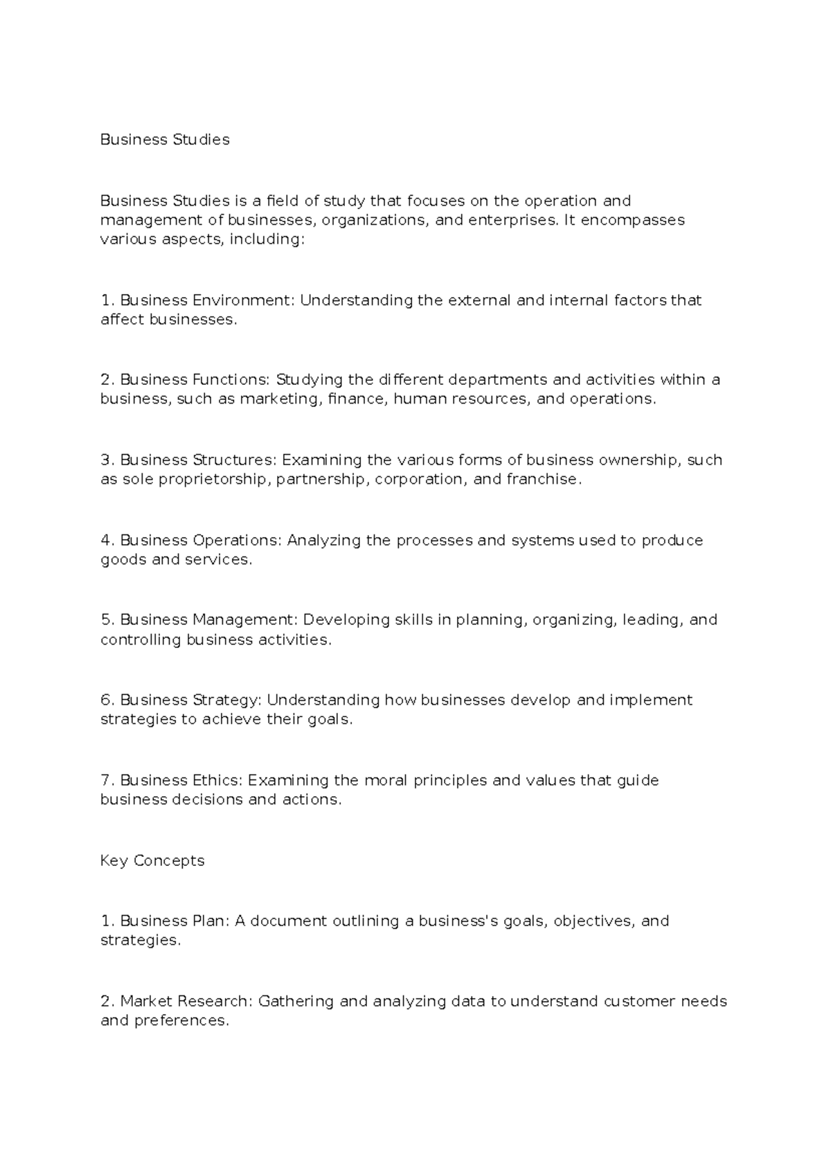 Business Studies Overview - Key Concepts & Functions Guide - Studocu