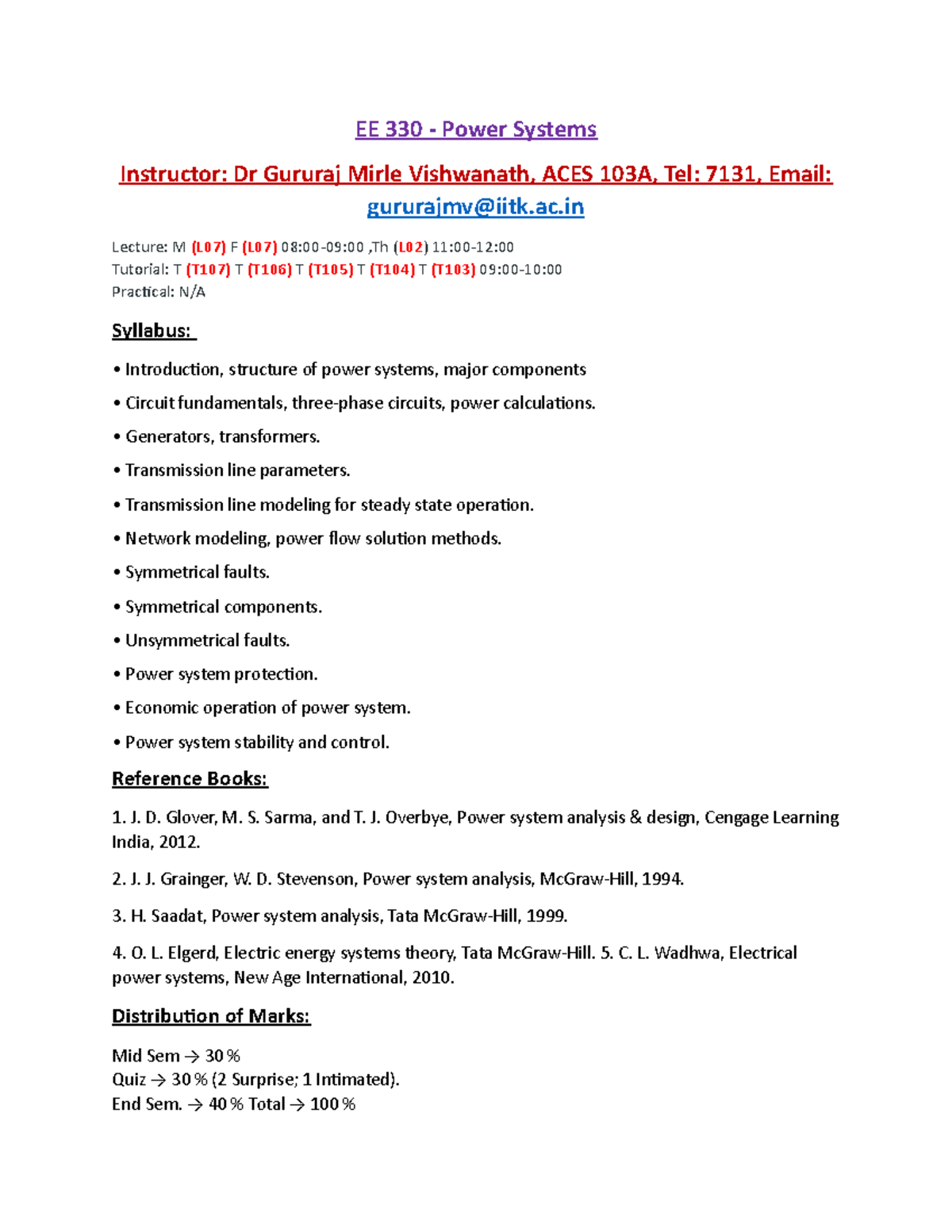 EE330 FCH - Power Systems Course Handout & Syllabus Overview - Studocu