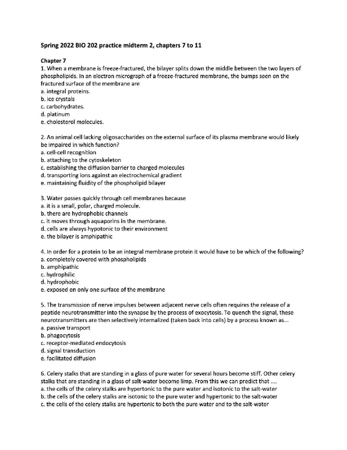 Sp22 BIO 202 Practice Exam II Study Guide - Studocu