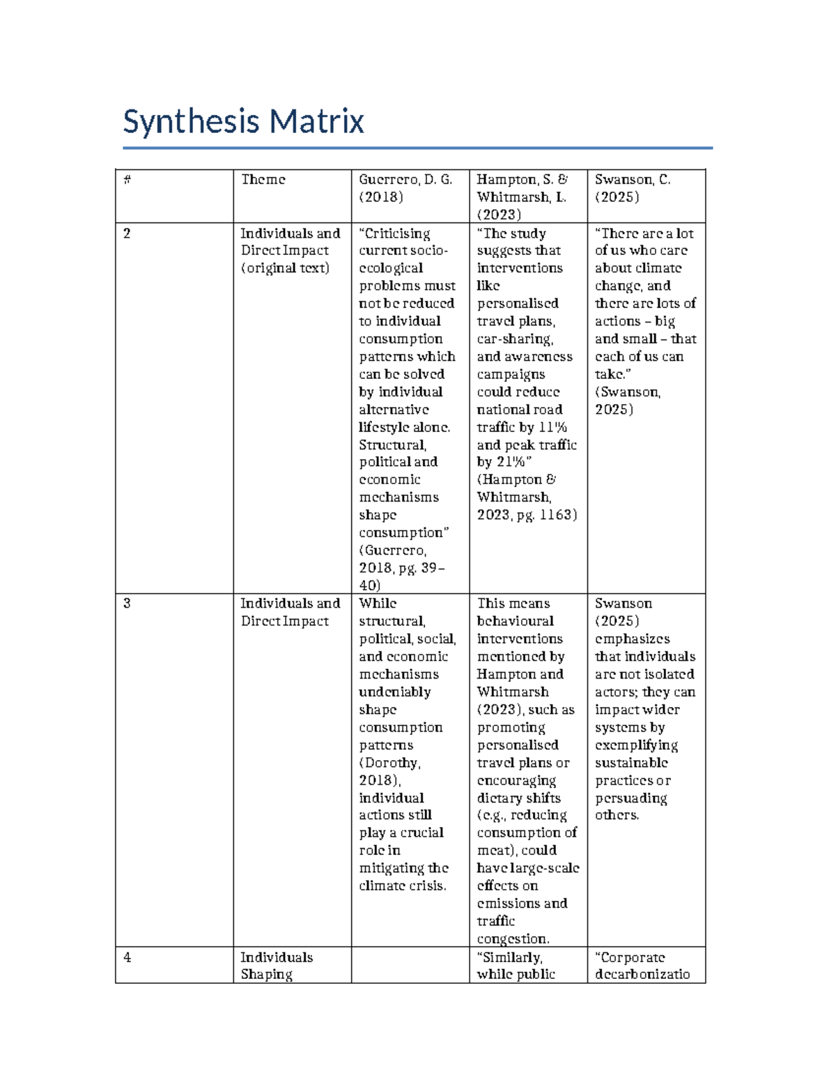 Synthesis Matrix: Individuals' Impact on Socioecological Issues ...