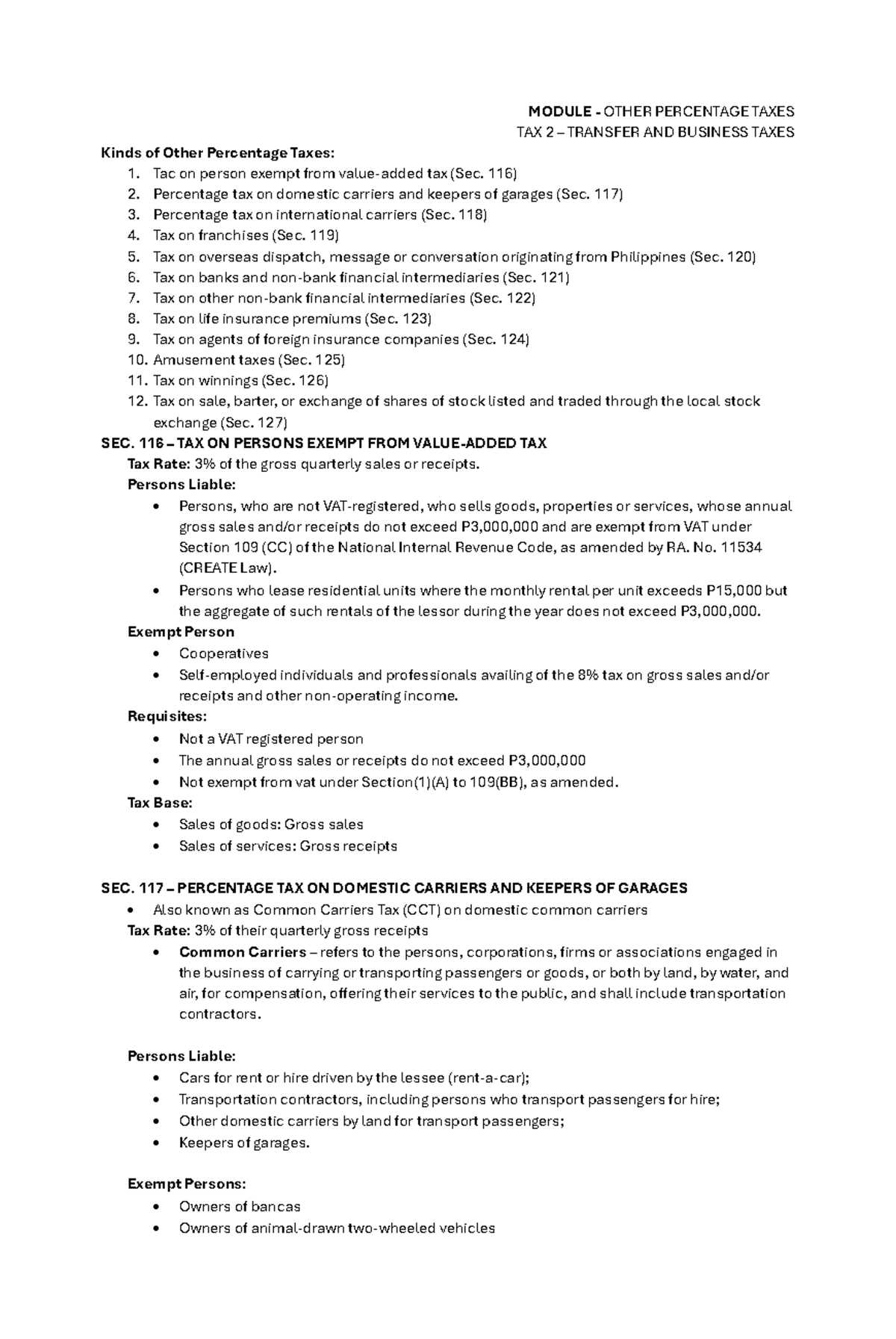 OPT - Other Percentage Taxes Overview and Key Sections - Studocu