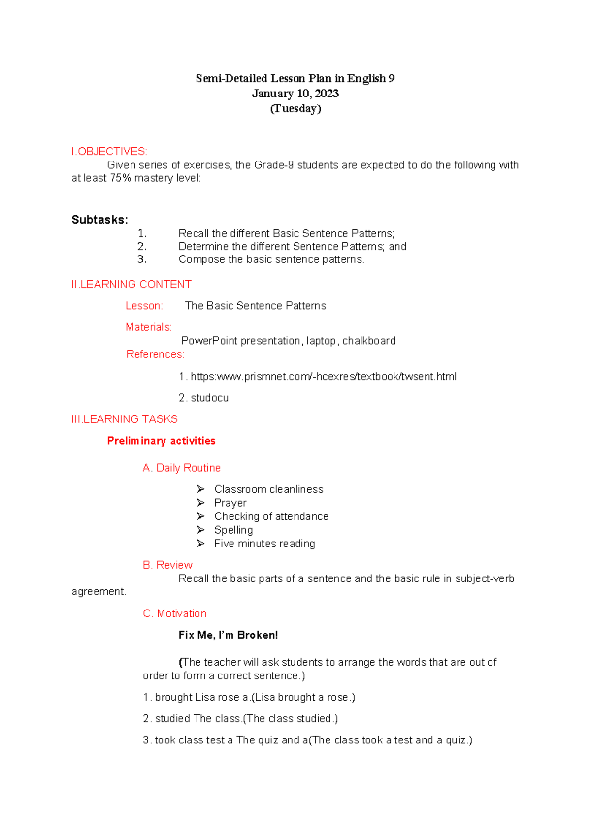 Lesson Plan: English 9 - Sentence Patterns & Family Conflict (01-10-23 ...