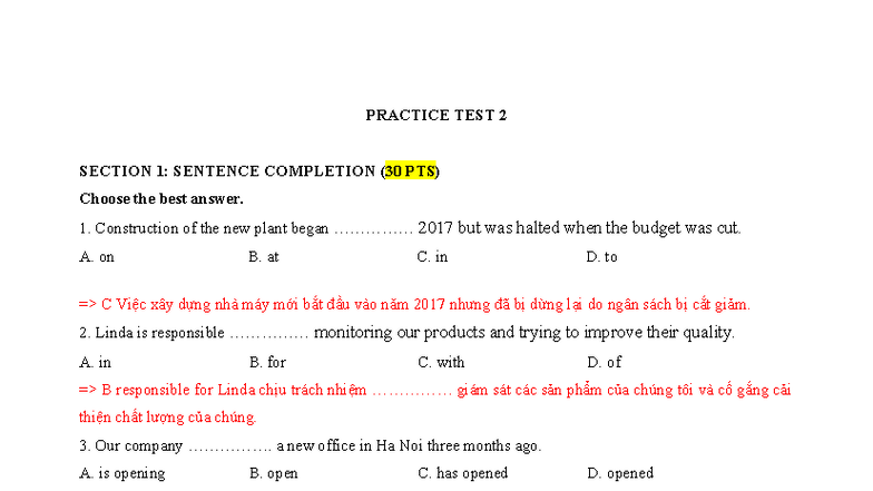 Practice Test 2: Sentence Completion & Error Detection (30 PTS) - Studocu