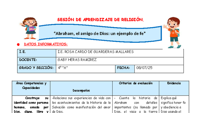 SESION DE APRENDIZAJE DE RELIGIÓN: La Historia de Abraham y su Fe - Studocu