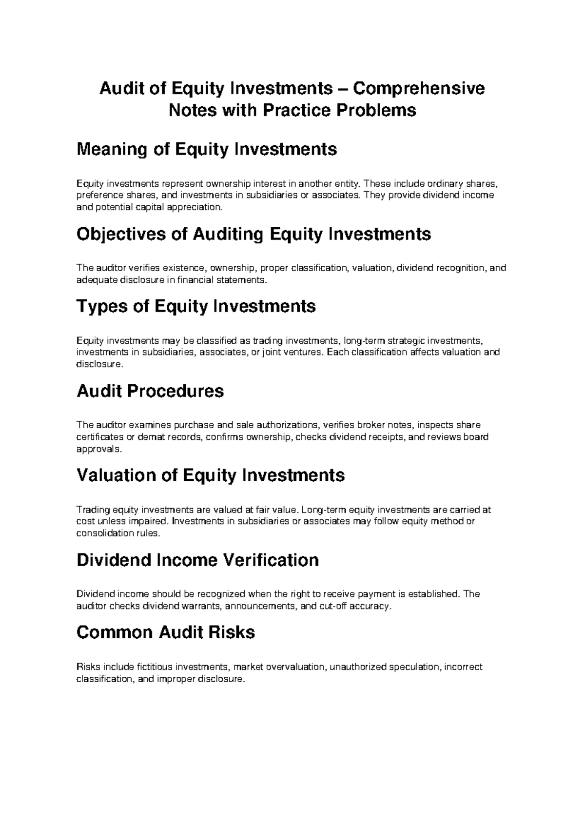 Audit of Equity Investments: Comprehensive Notes & Practice Problems ...