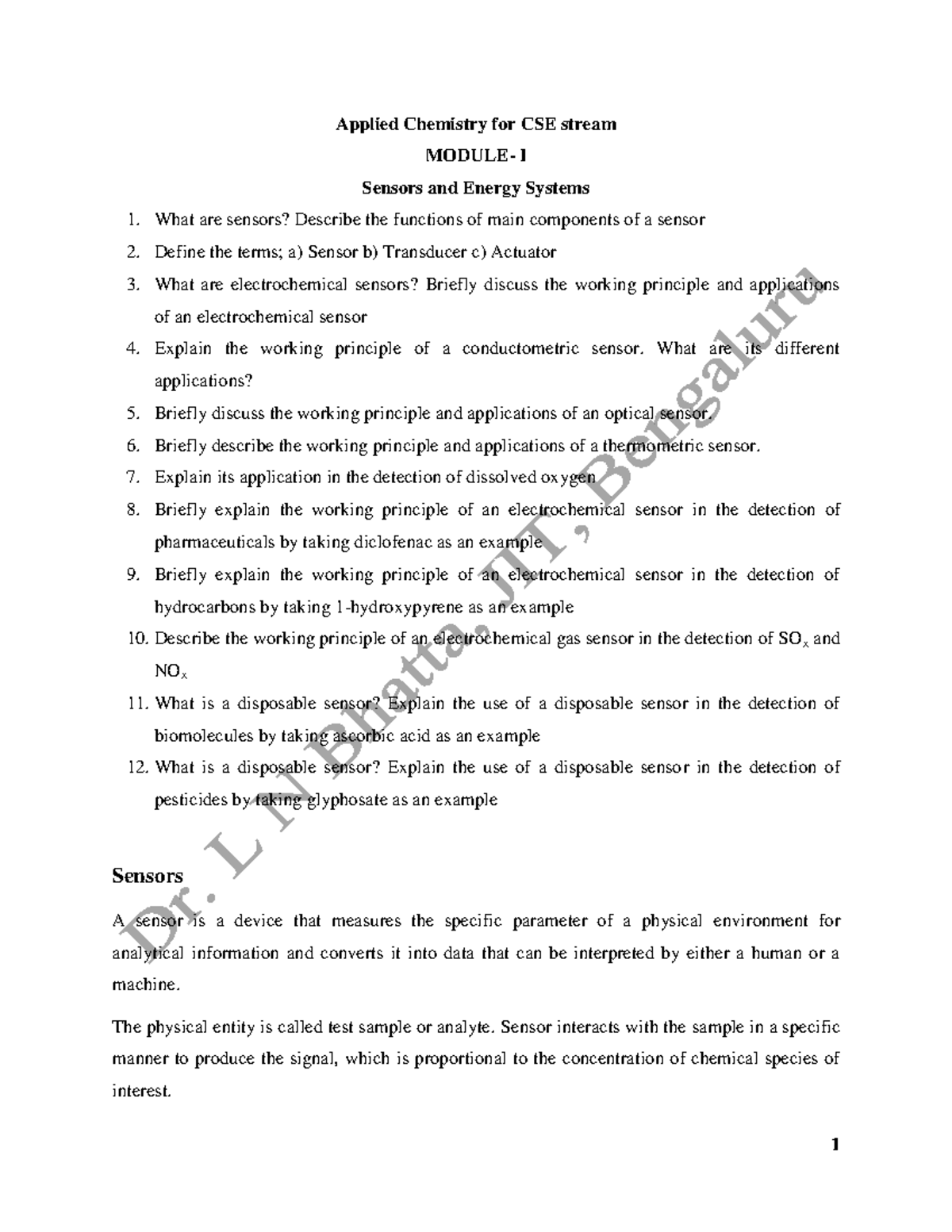 Applied Chemistry CSE: Module 1 - Sensors Overview and Applications ...