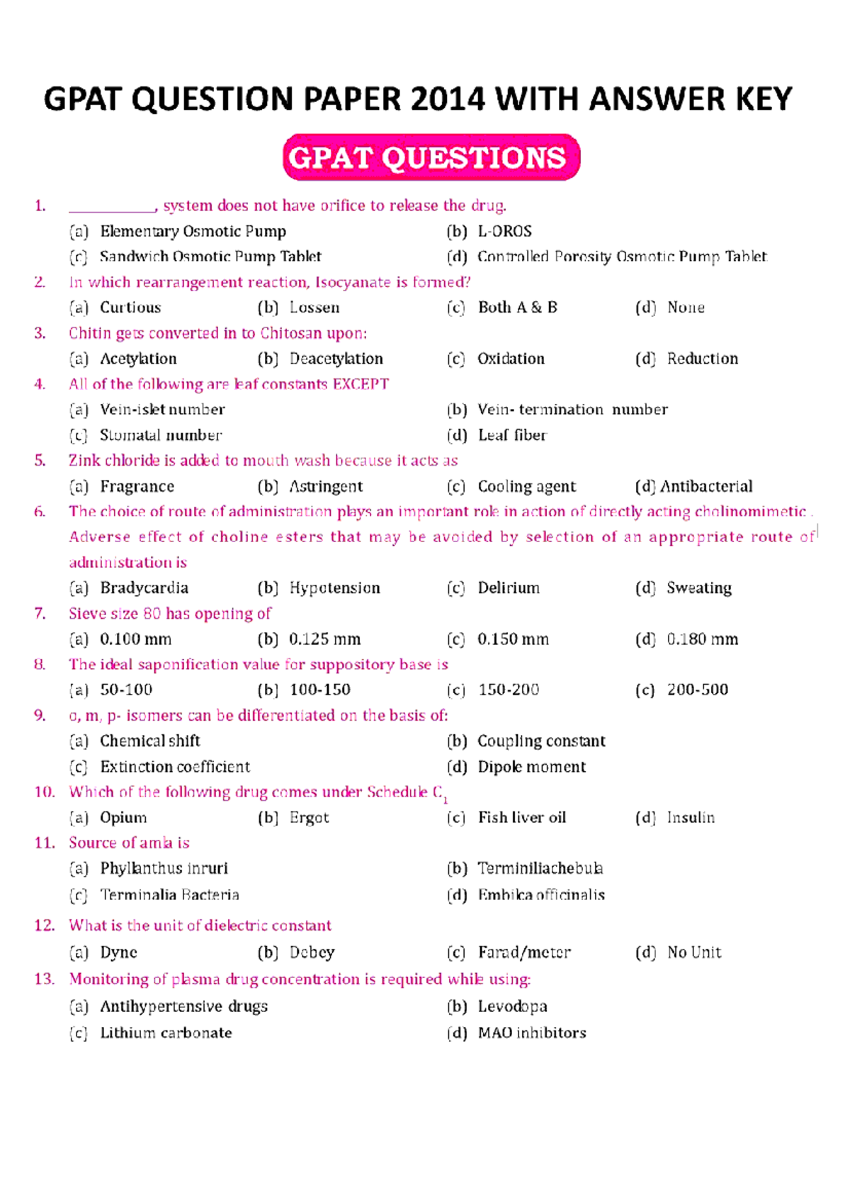 Gpat question paper 2014 - GPAT QUESTION PAPER 2014 WITH ANSWER KEY ...