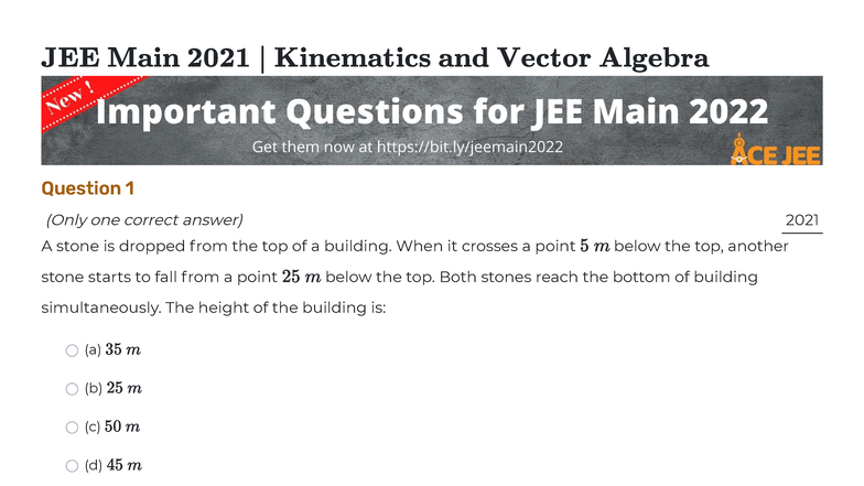 Kinematics and Vector Algebra JEE Main 2021 - Question Set 1 - Studocu