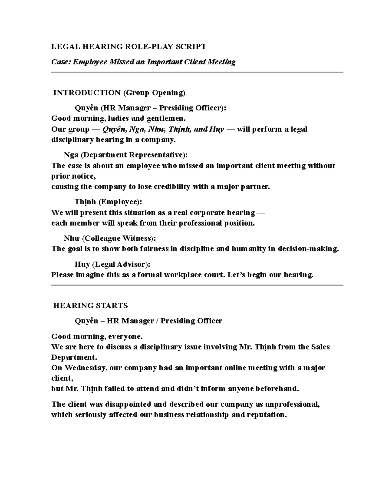LEGAL HEARING SCRIPT: Employee Missed Client Meeting - Case Review ...