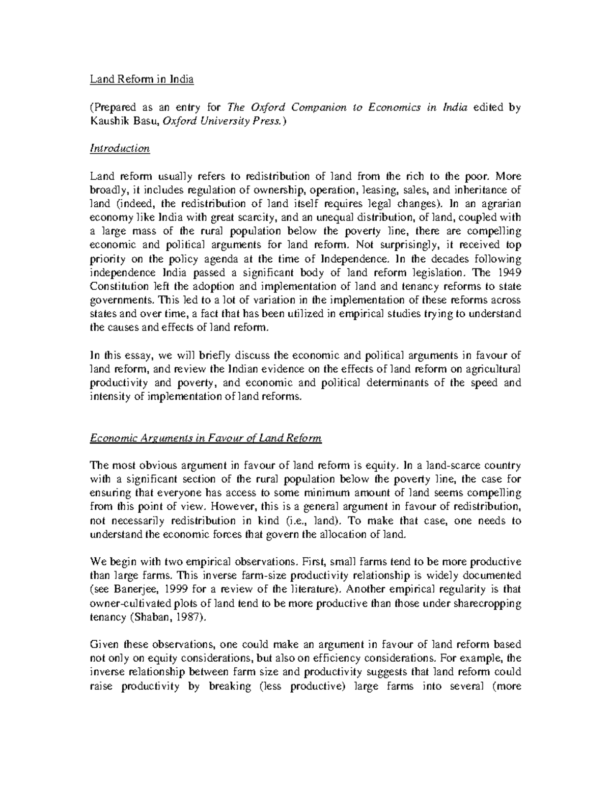 OUP Land Reform in India: Economic and Political Perspectives - Studocu